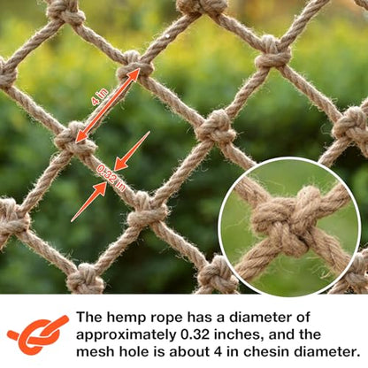 Hemp Rope Net (4ft x 12ft) Heavy Duty Natural Jute Rope Climbing Safety Netting for Balcony Stairs, Fence, Garden, Playground Protection & Indoor/Outdoor Decor - size: 4ftx12ft
