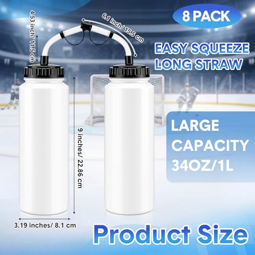 8 Pack Hockey Water Bottles 1 Liter Easy Squeeze Plastic 34 oz Sports Water Bottles with Long Straws for Hockey, Lacrosse, Football, Soccer, Baseball, Gym Sports Helmets(White) - color: White
