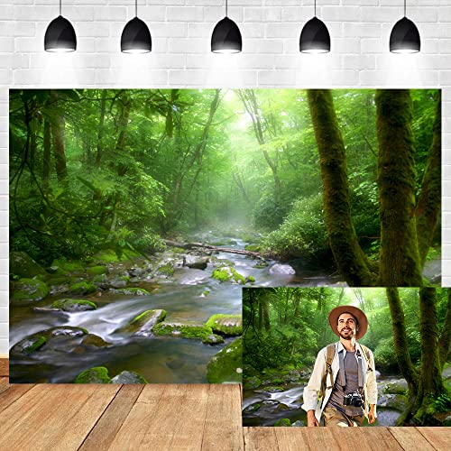 6x4ft Peaceful Forest Photography Backdrop for Outdoor Rustic Travel Theme Banner Decoration Stones Stream Trees Rainforest Jungle Plant Background Polyester Fabric Adults Portrait Photo - size: 6x4ft-P