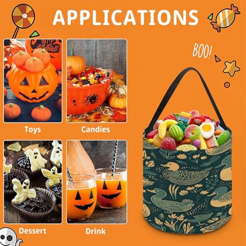 Halloween Trick Or Treat Bags With Handles Collapsible Candy Bucket Reusable Duck Pattern Green Printed Goody Bucket For Holiday Party Gifts - color: Duck Pattern Green