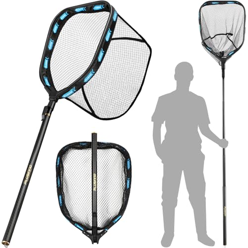PLUSINNO Floating Fishing Net with Telescoping Handle, Carbon Fiber Ultralight Long Fish Net, Collapsible Landing Net 6.56/7.86Ft, Fishing Gear Kayak Accessories for Bass Trout Salmon