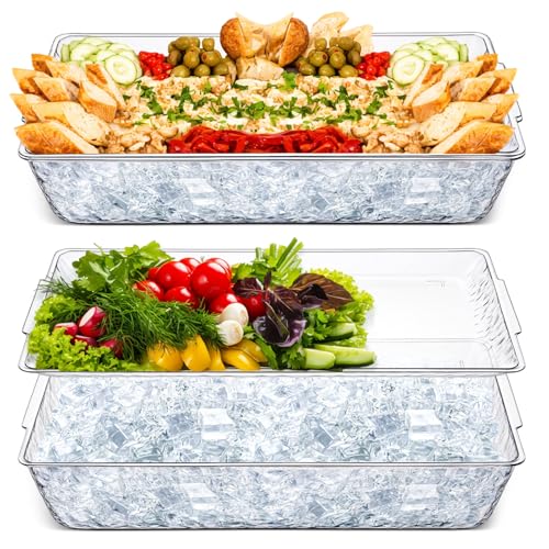 2 Set 16" x 9" Plastic Chilled Serving Tray for Parties with Compartments Ice Chilled Party Platter Charcuterie Serving Board Cold Dish Dip for Fruit Seafood Vegetable Appetizer (Clear) - color: Clear