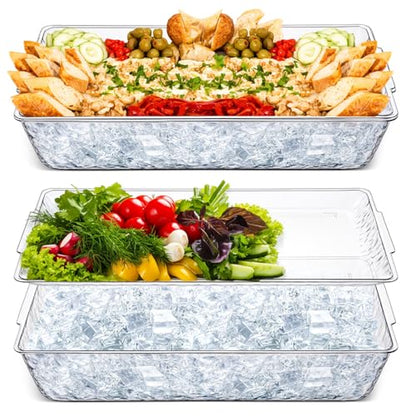 2 Set 16" x 9" Plastic Chilled Serving Tray for Parties with Compartments Ice Chilled Party Platter Charcuterie Serving Board Cold Dish Dip for Fruit Seafood Vegetable Appetizer (Clear) - color: Clear