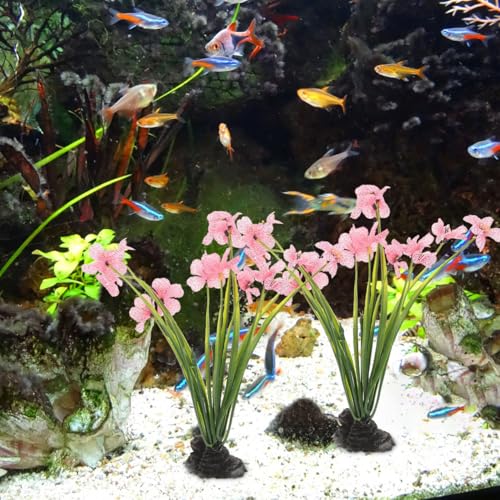 IMIKEYA 2Pcs Aquarium Plants Plastic Realistic Fish Tank Decor, Artificial Aquarium Plants Decoration with Soft Betta-Safe Leaves, Weighted Base for Fish Tank Accessories, 7.5 Inch Tall
