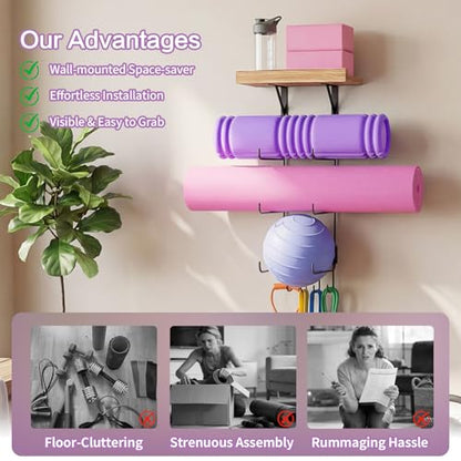 Bikoney Yoga Mat Holder Wall Mount Yoga Mat Storage Home Gym Accessories with Wood Floating Shelves and 4 Hooks for Hanging Foam Roller and Resistance Bands Fitness Home Gym Carbonized Black - color: Carbonized Black