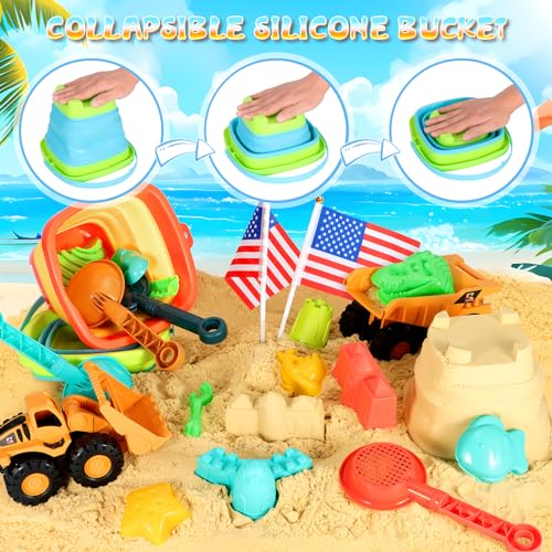 Beach Sand Toys for Kids, 29PCS Sandbox Toys with 2 Collapsible Bucket Sand, 2 Dump Truck, Dinosaur Molds, Castle Building Kit, Shovel Sieve,Flags,Mesh Bag Travel Beach Toys for Toddler 3-10