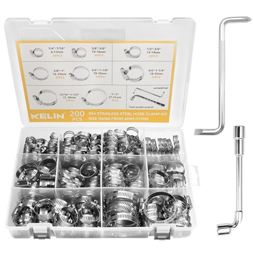 202PCS 304 Stainless Steel Hose Clamp Kit, 8 Sizes from 1/4" to 2" (6-51mm) Adjustable Worm Gear Clamps with Socket Wrench & Screwdriver, Automotive Fuel Line Water Pipe Clamps Assortment Set
