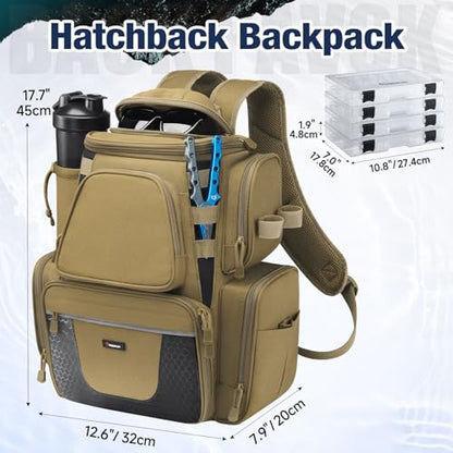 Piscifun Fishing Backpack with 2 Rod Holders & 4 Tackle Boxes, Large Tackle Storage Bag With Rain Cover for Fishing Gear