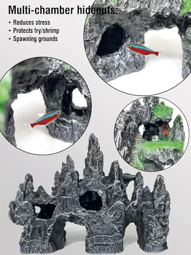 Large Fish Tank Decoration - Mountain View Aquarium Ornament Accessories with Tree House,Caves,Hideout,Hideaway,for 40 Gallon Fish Tank, Artificial Rock aquascaping Fish Tank Décor