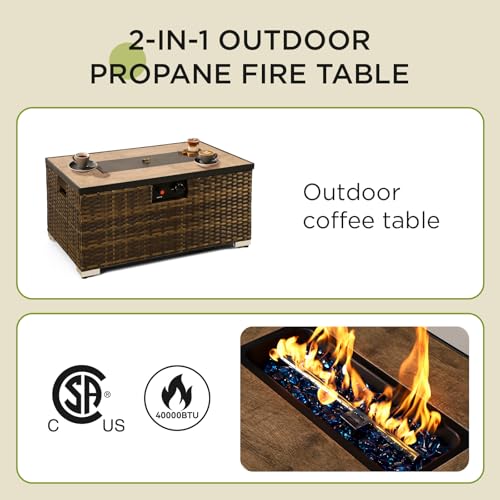2-Piece Outdoor Propane Fire Pit Table w/Tank Holder, 32inch Handmade Rattan Wicker Firepit Ceramic Tabletop with Steel Lid 40,000 BTU Rectangle Fire Table Set for Patio, Deck, Backyard (Brown) - size: 32"