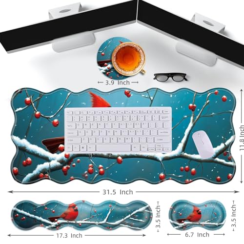 Large Gaming Mouse Pad, Keyboard Wrist Rest Pad & Wrist Support Mousepad Set, Stitched Edge, Extended, Non-Slip Base, Memory Foam Desk Mat for Office, Home,Cute Cardinal Bird - color: Cute Cardinal Bird