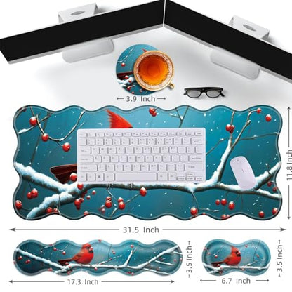 Large Gaming Mouse Pad, Keyboard Wrist Rest Pad & Wrist Support Mousepad Set, Stitched Edge, Extended, Non-Slip Base, Memory Foam Desk Mat for Office, Home,Cute Cardinal Bird - color: Cute Cardinal Bird