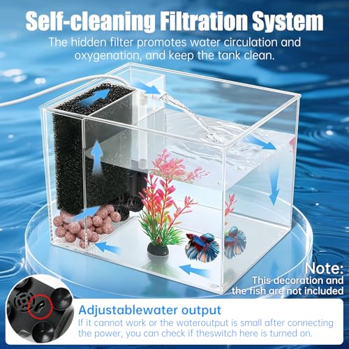 Betta Fish Tank Small Aquarium 1 Gallon Self Cleaning Fish Tank Starter Kit with Filter,Light and Adjustable Water Pump All-in-one Smart Desktop Aquarium for Shrimp Goldfish (Upgrade Filter Media)