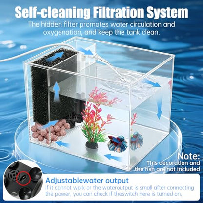 Betta Fish Tank Small Aquarium 1 Gallon Self Cleaning Fish Tank Starter Kit with Filter,Light and Adjustable Water Pump All-in-one Smart Desktop Aquarium for Shrimp Goldfish (Upgrade Filter Media)