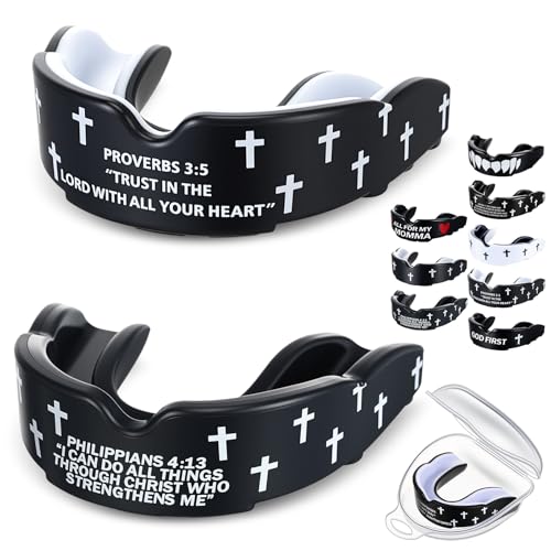 Yaomiao 2 Pcs Christian Mouth/Teeth Guards | Sport Game Guard Religious Mouthguard: Soccer, Football, Basketball, Baseball, Wrestling, Lacrosse, Rugby, Boxing, Taekwondo - size: Adult, style: Black & Strength