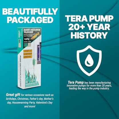 TERA PUMP Nano Aquarium Gravel Cleaner - Ideal for Under 10 Gallon Tanks, BPA-Free, Manual Squeeze Pump, High Flow, Secure Attachment, Perfect for Fresh & Saltwater Environments