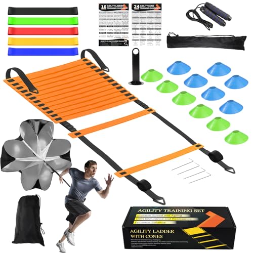 Speed Agility Training Equipment Set, Agility Ladder 20ft, 12 Football Cones, Resistance Parachute/Soccer Kick Trainer, Jump Rope, 5 Resistance Bands, Football Practice Equipment for Kids Adults - color: Orange Ladder Set