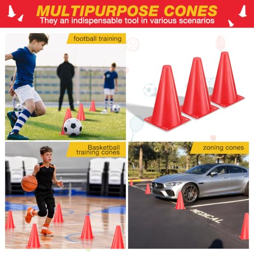 24pcs Cones 9 Inch Soccer Cones and Plastic Traffic Cones, Durable Cones for Sports Training, Ideal for Soccer, Basketball, Football, Skating, and Agility Drills Practice - color: red