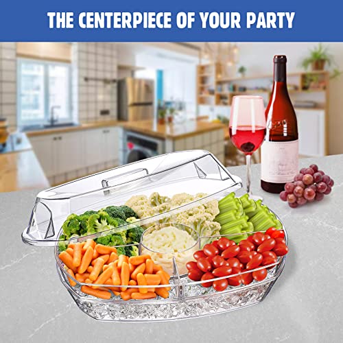 Chilled Veggie Tray, 15 Inch Clear Party Platter with 4 Compartments, Ice Serving Bowl with Lid, Cold Food Buffet Server for Fruit, Vegetable, Appetizer, Shrimp