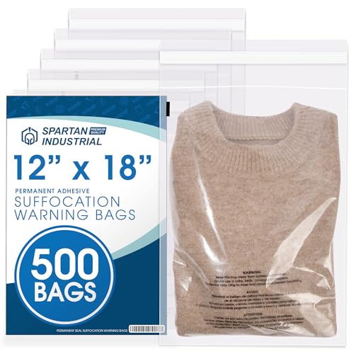 Spartan Industrial - 12" X 18" (500 Count) Self Seal Clear Poly Bags with Suffocation Warning for Packaging and Clothes - Permanent Adhesive - size: 12" x 18"