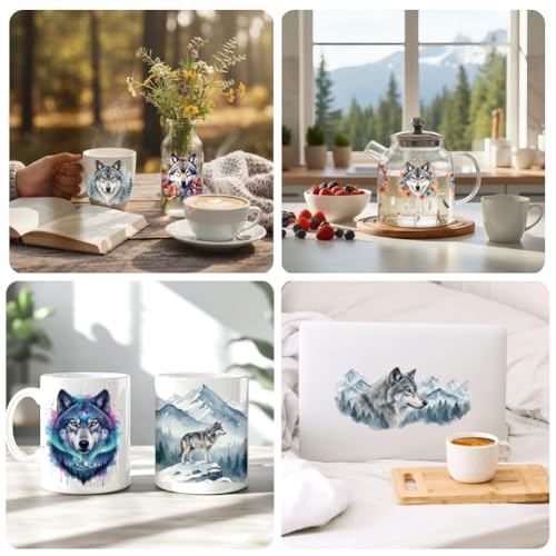 UV DTF Cup Wraps Transfer Stickers Wolves with Dreamcatchers and Mountains Pattern, 10 Sheets Waterproof Custom Transfer Sticker 16oz Coffee Glass Tumbler Bottle Mug Decals for Men Women