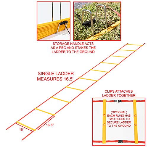 Valor Fitness Agility Training Ladder – 33 Ft with Storage Pegs & Carry Bag, 2 Clipped Sections for Speed, Agility, Footwork & Coordination Training for Adults & Kids