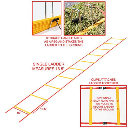 Valor Fitness Agility Training Ladder – 33 Ft with Storage Pegs & Carry Bag, 2 Clipped Sections for Speed, Agility, Footwork & Coordination Training for Adults & Kids