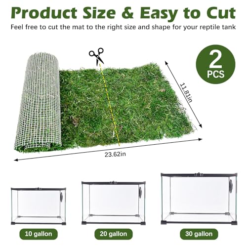 2 PCS Reptile Carpet Cuttable Terrarium Mat Artificial Moss Reptile Liner Green Substrate Flooring Bearded Dragon Tank Accessories for Leopard Gecko Lizard Snake Tortoise (11.81" x 23.62")