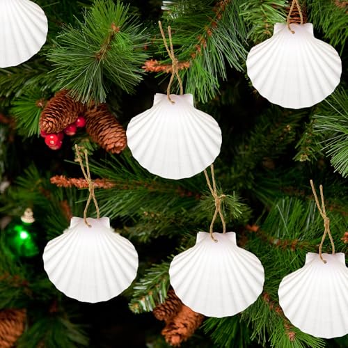 24Pcs Scallop Shells White Natural Seashell 2"-3" Perforation Scallop Shells with Rope for Christmas Tree Ornaments & DIY Hanging Home Deocration Craft