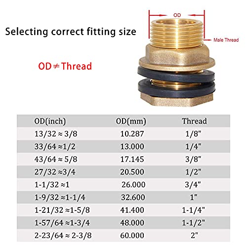 1/2" Female 3/4" Male Soild Brass Water Tank Connector Theaded Bulkhead Fitting With 2 Rubber Rings Stablizing