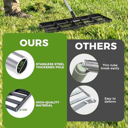 Lawn Leveling Rake, 30"x10" Stainless Steel Lawn Leveler with 76" Adjustable Handle, Heavy-Duty Yard Leveling Rake for Garden, Golf Course, Farm, Pasture, Professional Lawn Care Tool - style: 30"x10" Leveling Rake