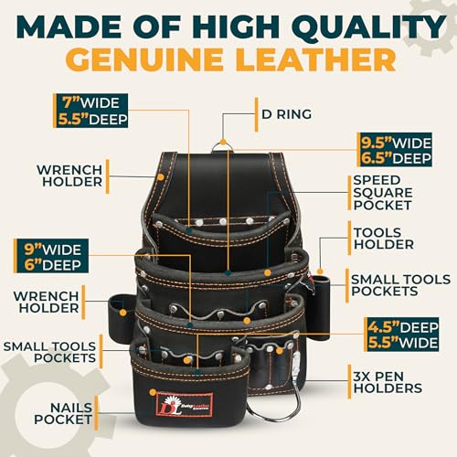 Daisy Leather Tool Bag Pro 505 Premium Leather Oil Tanned 13 Pockets with Speed Square Pocket Multi-Purpose Tool Organizer for Handyman Carpenter Electrician Construction Farmers X-Large… - color: Black