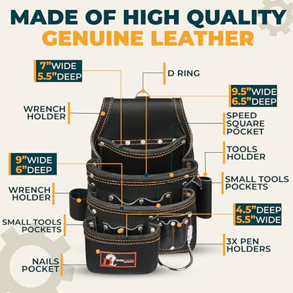 Daisy Leather Tool Bag Pro 505 Premium Leather Oil Tanned 13 Pockets with Speed Square Pocket Multi-Purpose Tool Organizer for Handyman Carpenter Electrician Construction Farmers X-Large… - color: Black