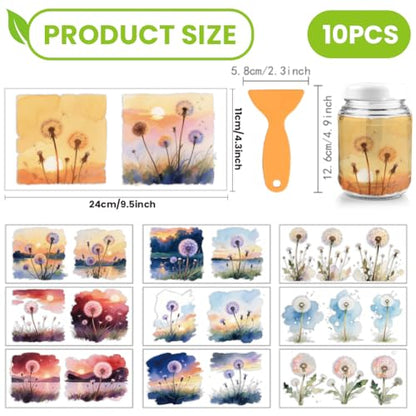 arricraft 10 Pcs Dandelion Theme Cup Printing UV Transfer Papers, 10 Styles Watercolor Scenery and Dandelions PVC DIY Heat Transfer Stickers for 16 OZ Glass Cups Crafts 9.5x4.3inch - style: Watercolor Dandelion Theme