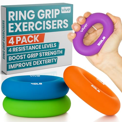 Vive Hand Strengthener Grip Ring - Forearm Ring Hand Exercisers - Silicone | Squeezer Gripper for Muscle Strengthening Training Tool - Arthritis Finger Physical Therapy PT Kit Trainer - color: Multicolor (4 Pack)
