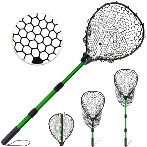 Telescoping Metal Lock Fishing Net with Handle Red Green 64" 52" Rubber Fish Net - Adjustable Length Lightweight Foldable Large Big Collapsible Extendable Fishing Net - color: black with green handle(3-section pole)