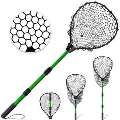 Telescoping Metal Lock Fishing Net with Handle Red Green 64" 52" Rubber Fish Net - Adjustable Length Lightweight Foldable Large Big Collapsible Extendable Fishing Net - color: black with green handle(3-section pole)