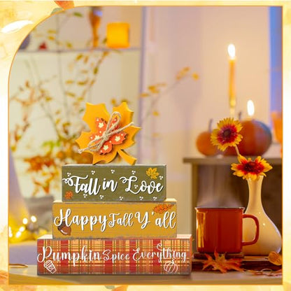 4 Pcs Thanksgiving Decorations Fall Wooden Sign Maple Leaves Thanksgiving Pumpkin Table Centerpiece Tiered Tray Decor Fall Wood Blocks Tiered Tray Decor Table Top Sign for Home - style: Maple Leaves