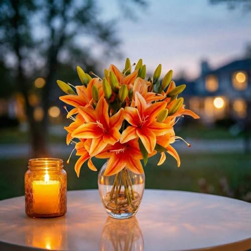 Garvee Tiger Lily Artificial Flowers, Lifelike Fake Lilies in Vase with Faux Water, Artificial Floral Arrangements for Home Office Anniversary, Birthday & Special Occasions Decor, Orange