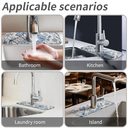 Kitchen Sink Splash Guard，Blue flowers and birds-1 Faucet Mat Sink Gadgets-Super Absorbent Fast Drying Mat Drip Catcher for Kitchen, Bathroom,Sink Mat, Dish Drying Mat, Bathroom(15" X 5.5" ) - color: Blue flowers and birds-1