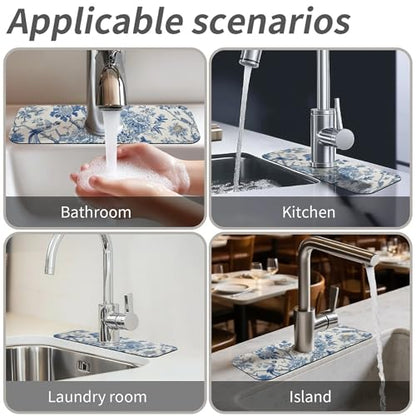 Kitchen Sink Splash Guard，Blue flowers and birds-1 Faucet Mat Sink Gadgets-Super Absorbent Fast Drying Mat Drip Catcher for Kitchen, Bathroom,Sink Mat, Dish Drying Mat, Bathroom(15" X 5.5" ) - color: Blue flowers and birds-1