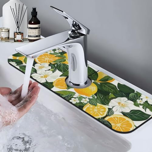 Faucet Draining Mat For Kitchen Sink, Yellow Lemons Green Leaves Diatom Mud Absorbent Drain Pad For Bathroom Kitchen Sink Splash Guard Drying Mat - color: Yellow Lemons Green Leaves