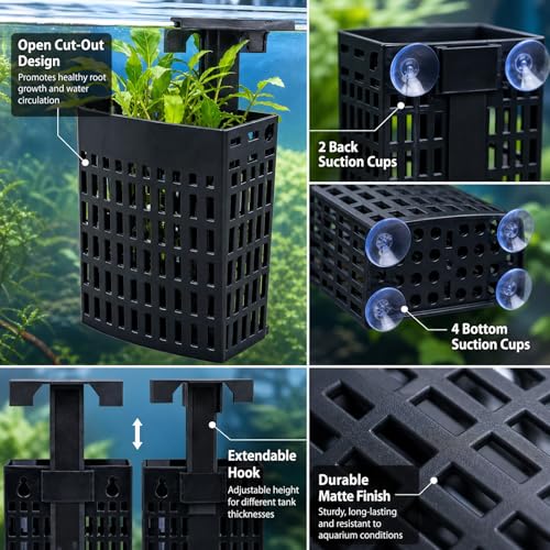 2Pcs– Aquarium Plant Holder, Fish Tank Plant Stand, 3-in-1 Mounting, Adjustable Height, Extendable Hook, with 2 Side and 4 Bottom Suction Cups (Black)
