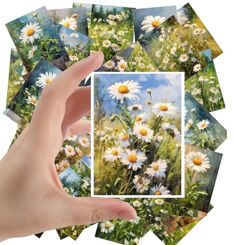 Large Stickers Pack 24 pcs ~ Serene Daisies Dance: an Artistic Journey Through Fields of White Petals and Green Foliage in Oil, Perfect for a Tranquil Stickers Collection - color: Fiftyseven