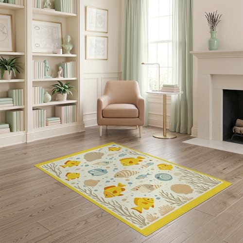 4'x6' Washable Beachy Fish Area Rug, Beige Flatwoven Floor Mat for Home Office, Gaming Room, Under Desk, Non-Slip Chair-Friendly Carpet | Ref:1952497 - color: Yellow/Pattern 16, size: 4' x 6' (Rectangular)