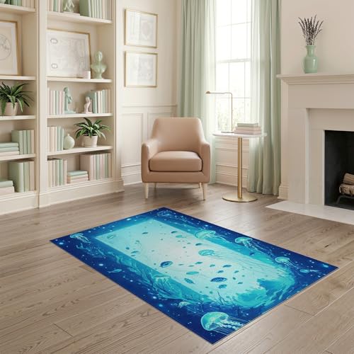 4'x6' Washable Kawaii Fish Area Rug, Blue Flatwoven Floor Mat for Home Office, Gaming Room, Under Desk, Non-Slip Chair-Friendly Carpet | Ref:1911370