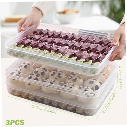 Food Storage Container 3Pcs Dumpling Container Box Food Grade Plastic Snack Stackable Cookie with Lid Transparent Microwave Fridge Safe Storage Containers for Kitchen