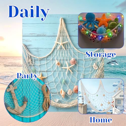 8 Pcs Fish Net Decorations for Party, 78.8" x 39.4" Large Cotton & Linen Fishnet, Nautical Hawaiian Beach Themed Fishing Net for Mermaid Pirate Under The Sea Birthday Decor, Wall Hanging Photo Display