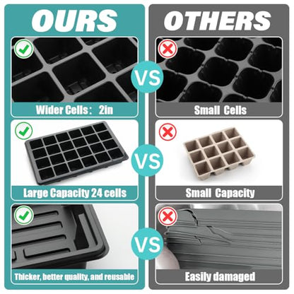 RooTrimmer 10-Pack XL Seed Starter Tray with Dome – 24 Large 2" Cells per Seedling Starter Trays (Total 240 Cells), Seed Growing Tray with Humidity Lids for Greenhouse Home Plant Propagation - color: Black and Clear, size: 10 Sets
