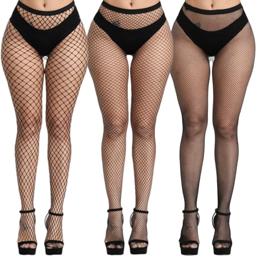 Fishnet Stockings for Women's Sexy High Waist Fishnet Tights Thigh High Stockings Pantyhose - color: Black Fishnet Stockings 3 Pair - S+m+l/Grid
